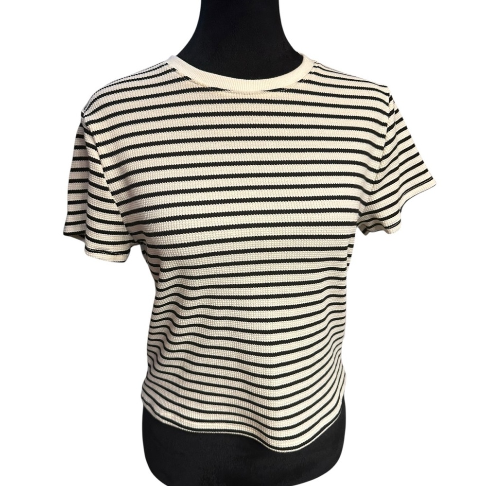 KIRIOUS Waffle Knit Crop Tee – Size XL, Beige & Black, New with Tags